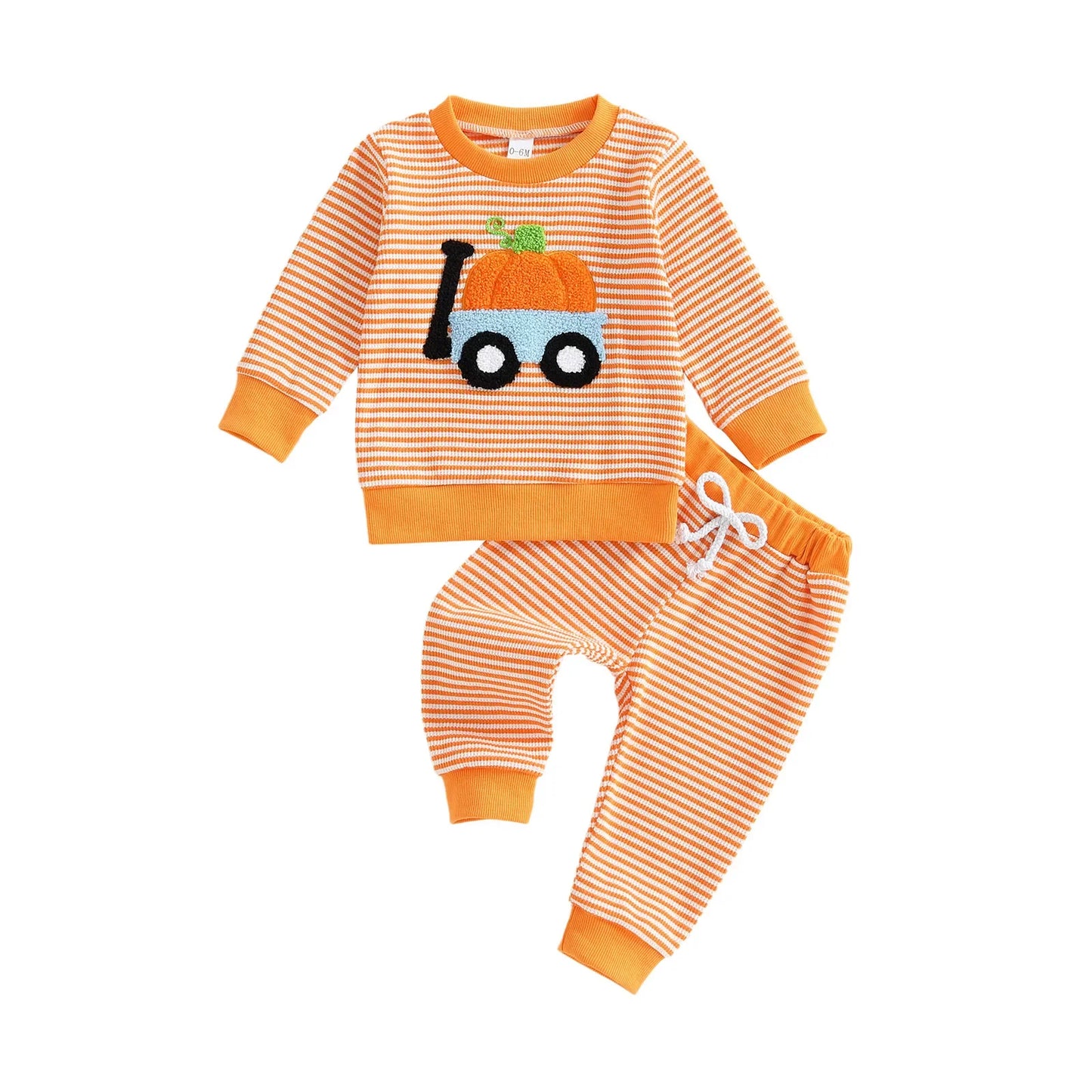 Baby Toddler Boy Girl 2Pcs Halloween Outfit Pumpkin Embroidery Boo Ghost Striped Long Sleeve Top and Elastic Jogger Pants Set