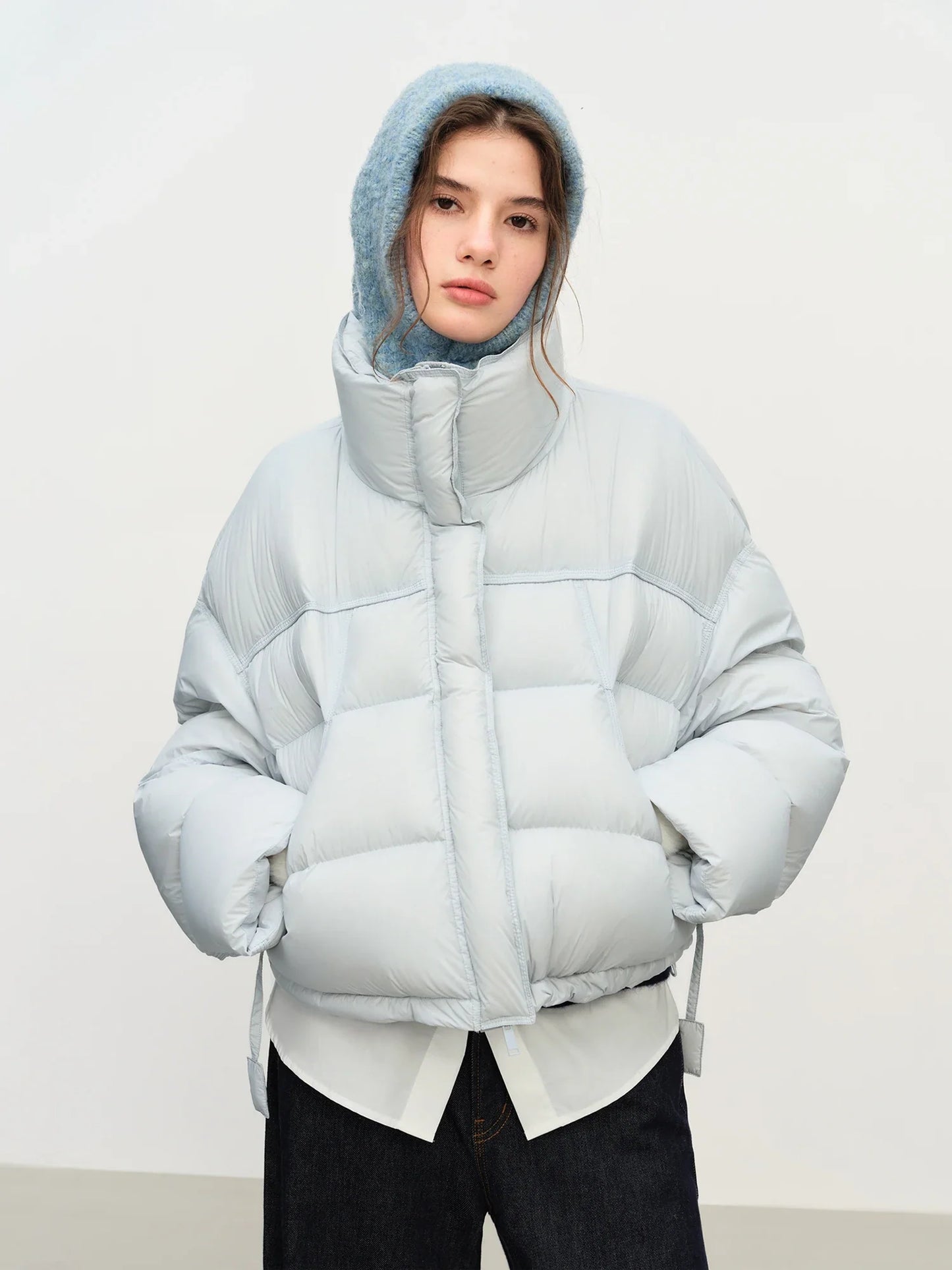 FSLE Winter 2025 Women Cloud-Like Puffer Coat - Stand Collar Short Down Jacket Lazy Chic Style Glossy Finish for Casual Comfort