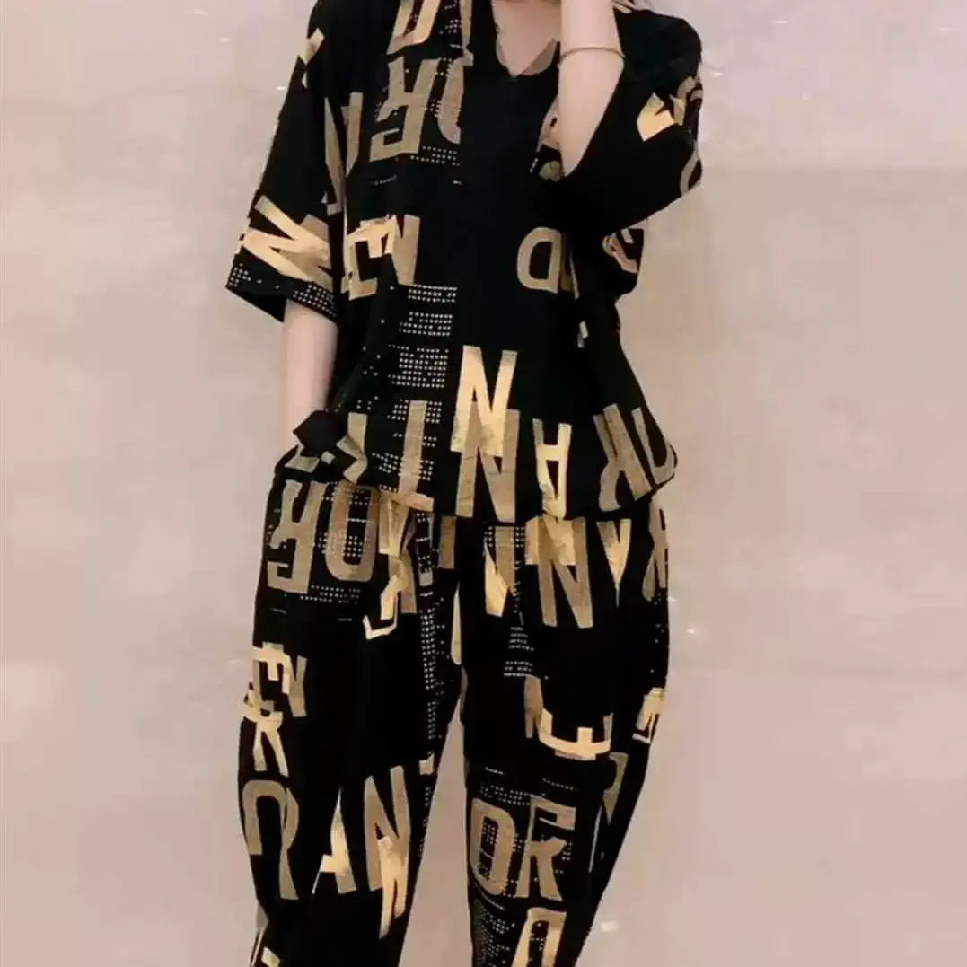 Casual Fashion Geometric Letter Printing Pant Sets Summer 2025 Short Sleeve V-Neck T-shirt Wide Leg Pants Slim Women's Clothing