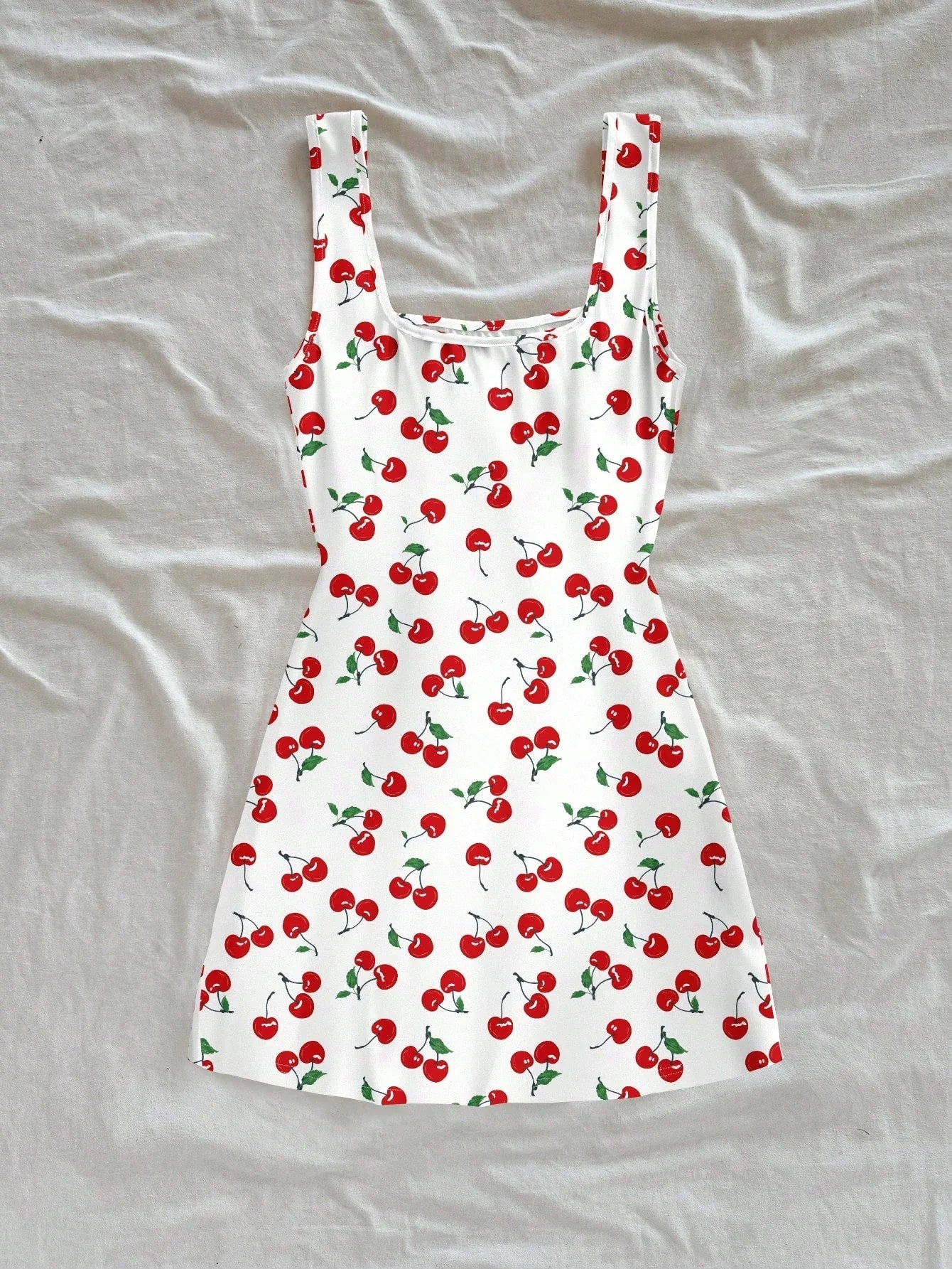 Women's Sexy Vacation Style U-Neck Cherry Print Open Back Side Slit Mini Dress for Spring/Summer