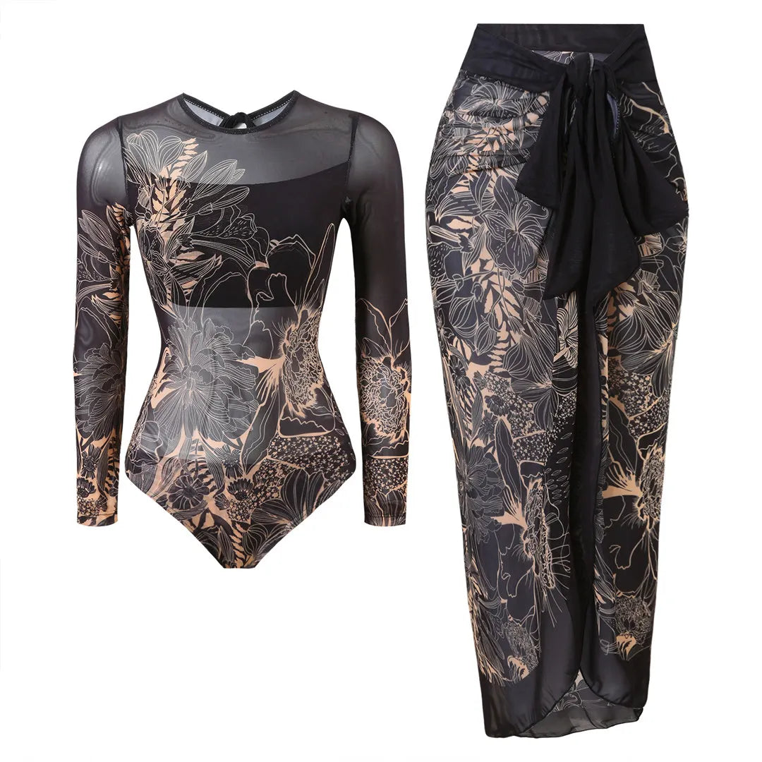 S - XXL Printed Long Sleeve With Sarong One Piece Swimsuit Women Swimwear Female Flowers Padded Bather Bathing Suit Swim K7181