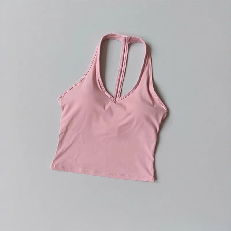 Women's Summer V-Neck Yoga Sports Vest Hanging Back Neck Design Outdoor Running Training Gathered Fit Top for Active Wear