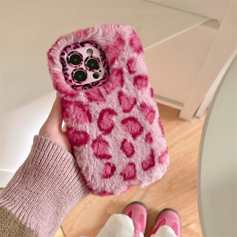 Fashion Leopard Furry Plush Lens Bracket Phone Case For iPhone