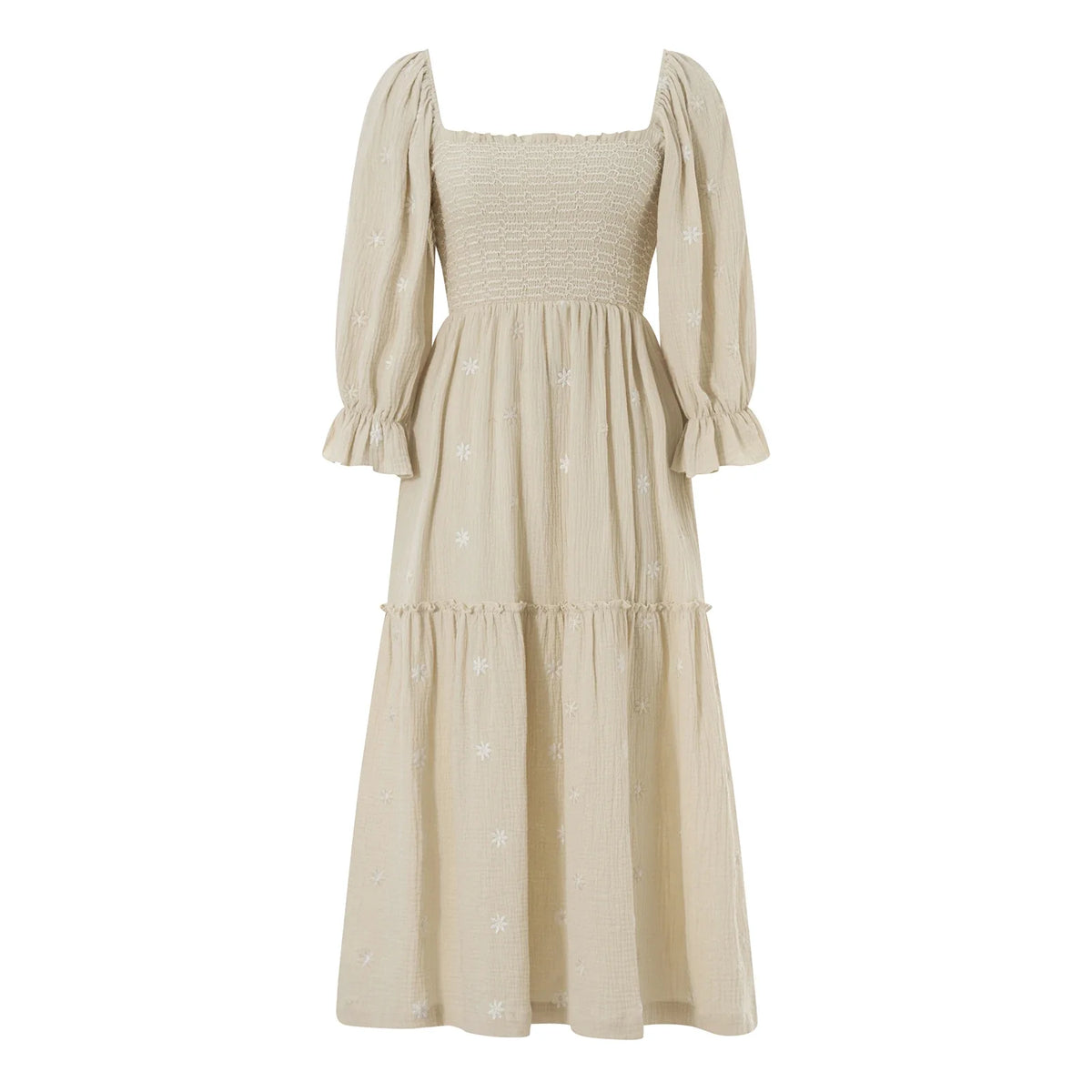 Women Spring Fall Long Dress Long Sleeve Dress Square Neck Embroidery Flower Loose Swing Dress Wit Pocket