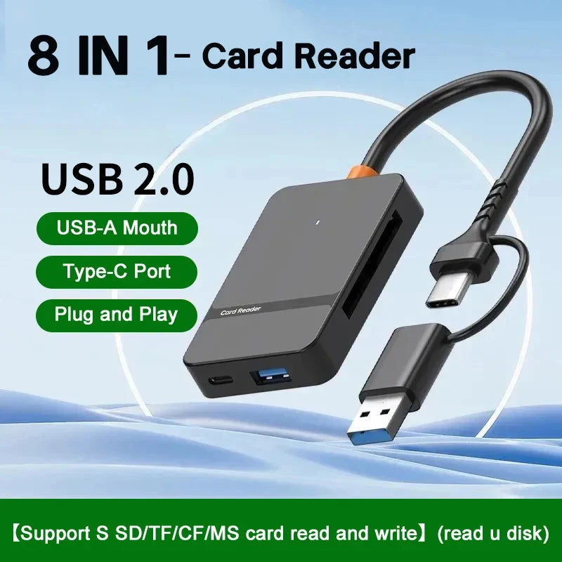 8-in-1 Card Reader USB3.0 Hub CF/SD/MS/TF Memory Card Reader for PC iPhone15 16 Trail Camera Converter External USB Flash Drive