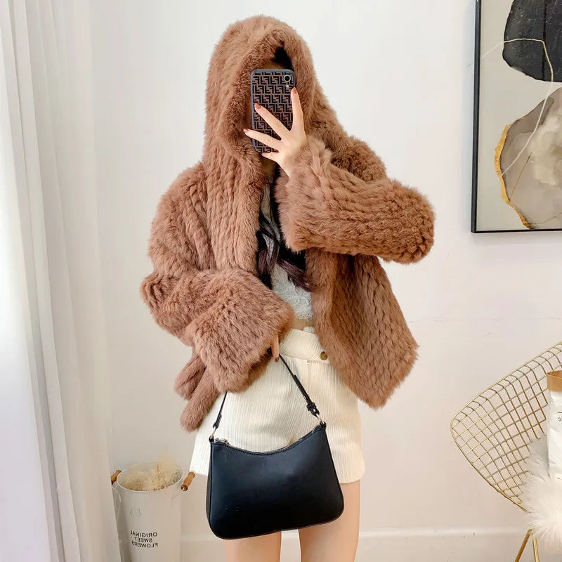 Real Rabbit Fur Hooded Coat Long Sleeve Women Casual Loose Knitted Genuine Fur Jacket With Hood Female Natural Fur Outwear