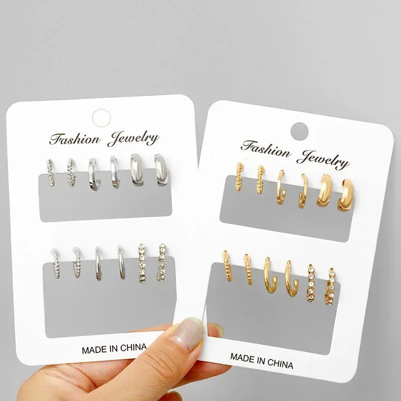 6pcs/set Stainless Steel Crystal Zirconia Hoop Earring for Women Metal