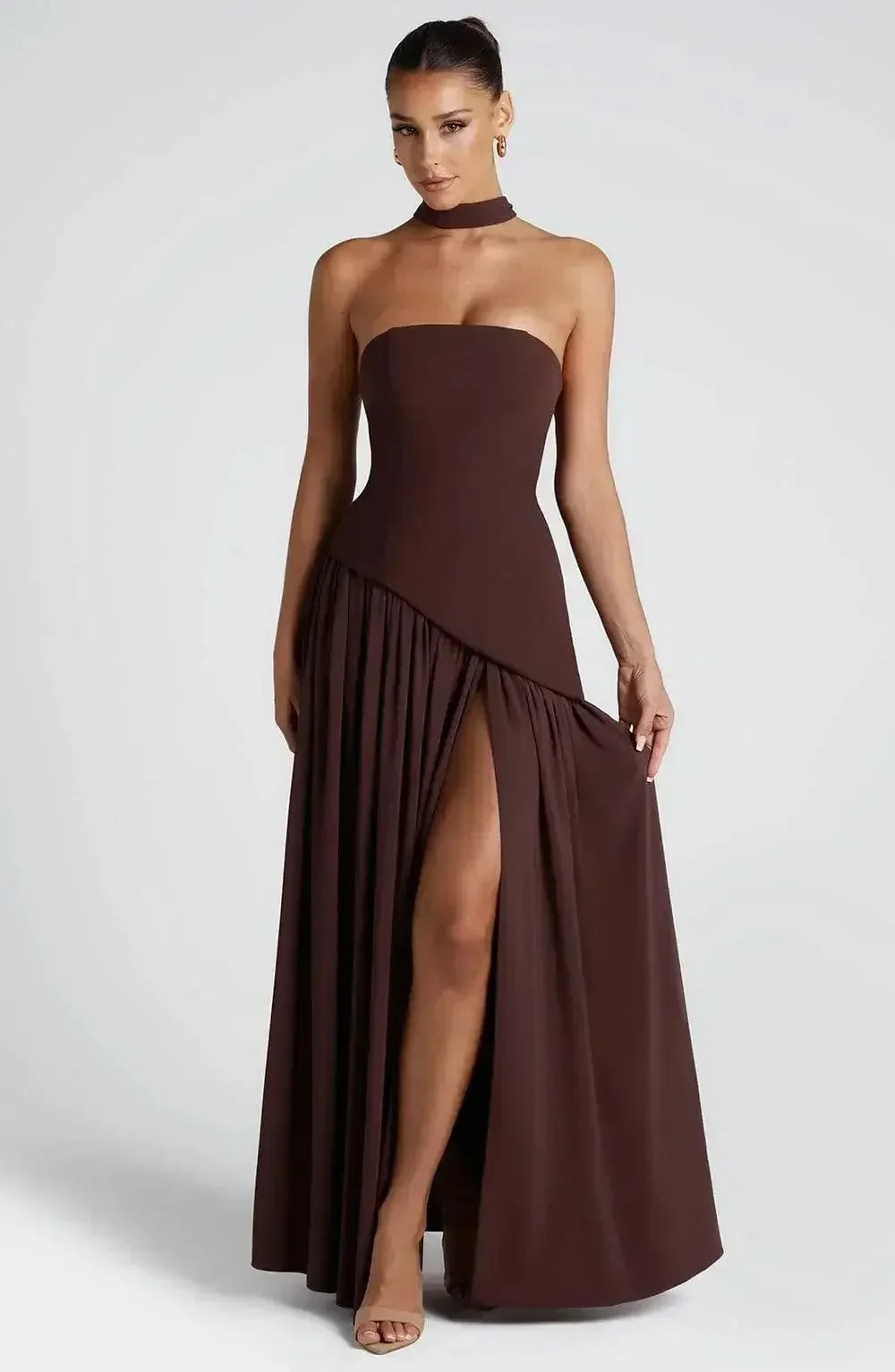 Solid Spliced Ribbon Maxi Dress Women Elegant Strapless Sleeveless Slit Long Dresses 2025 New Summer Holiday Party Lady Vestidos