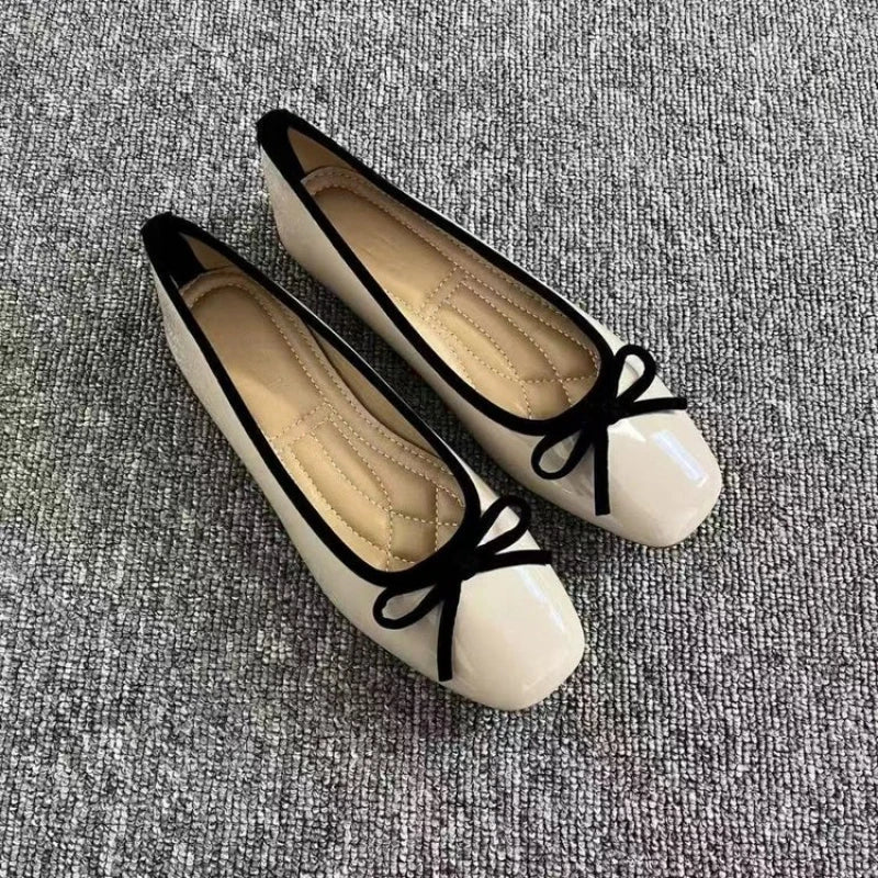 2026 New Women's Patent Leather Bow Ballet Flats, Square Toe Soft Sole Slip-on Casual Shoes for Spring Summer
