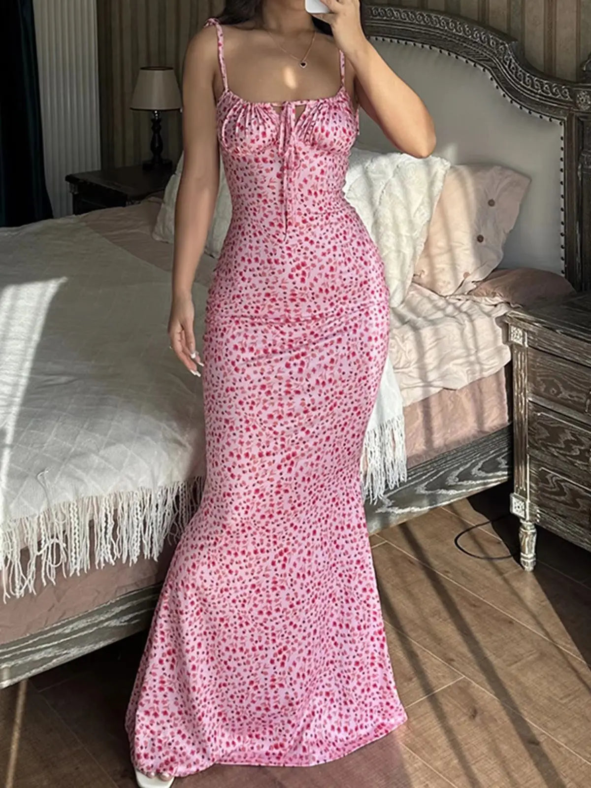 Summer Floral Midi Dress Women Spaghetti Strap Tie-Up V-Neck Split