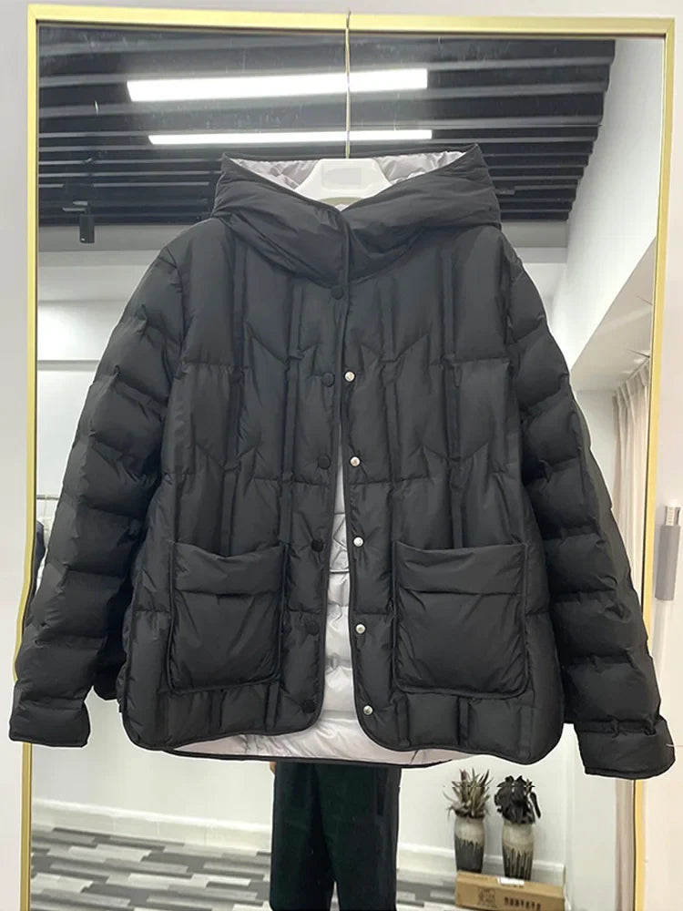 Winter Women 90% White Duck Down Coat Female Stand Collar Single-Breasted Puffer Jacket Casual Loose Hooded Parkas Coat Women