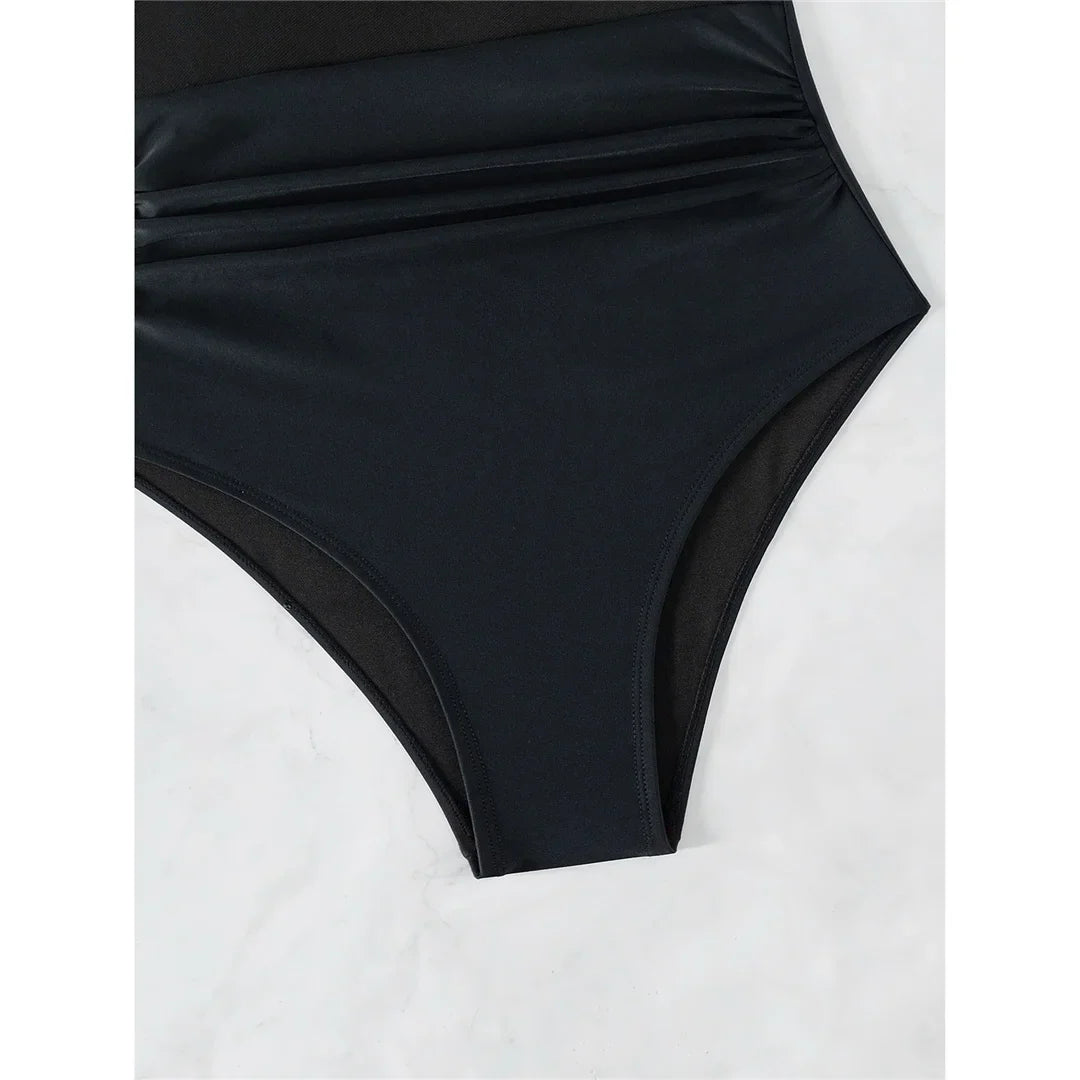 S - XL New Sexy Mesh Sheer V Neck Women Swimwear One Piece Swimsuit Female High Leg Cut Monokini Bather Bathing Suit Swim V5136