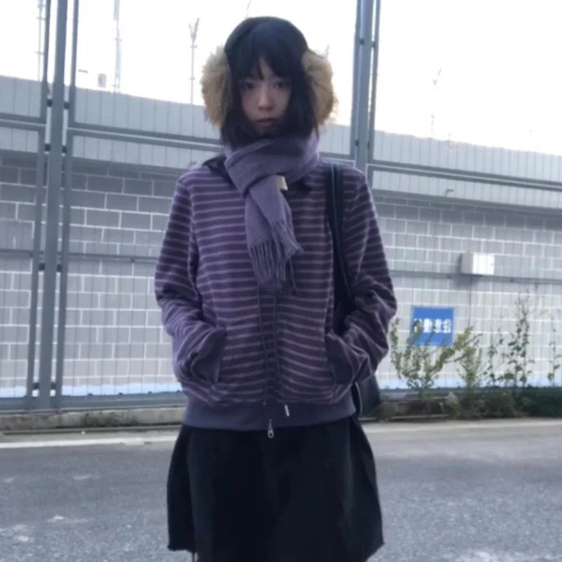 Karrram Japanese Y2k Purple Striped Cardigan 2000s Style Turtleneck Knitted Jacket Vintage Harajuku Zipper Knitwear Korean 90s