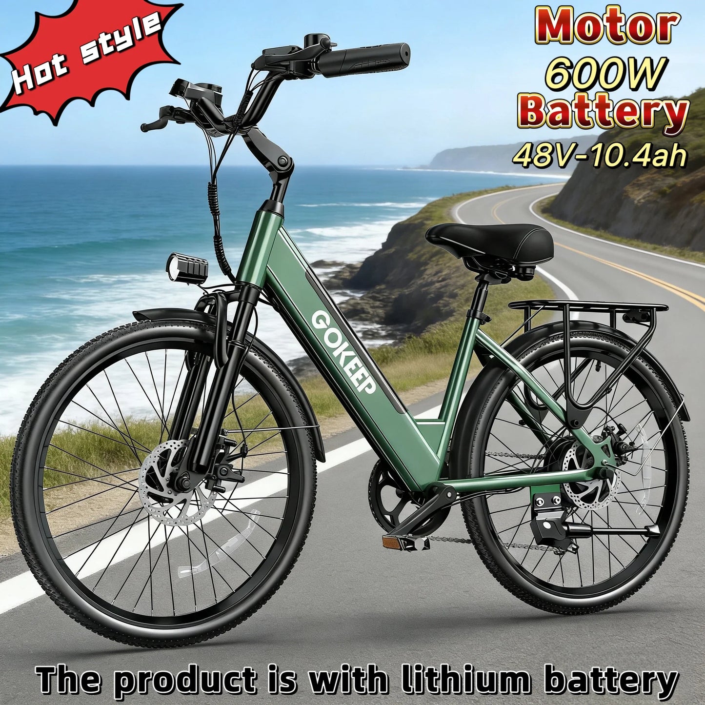 26-inch fashionable E-Bike, 7-speed variable speed adult electric bicycle, 600W brushless motor 48V-10.4ah battery electric mope