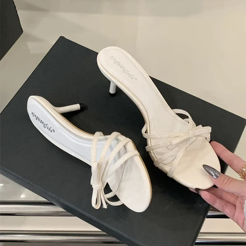 Women Thin Heels Sandals Slides Shoes Butterfly-Knot Footwear Fashion Round Toe Ladies High Heels Shoes Female Sandals Pumps