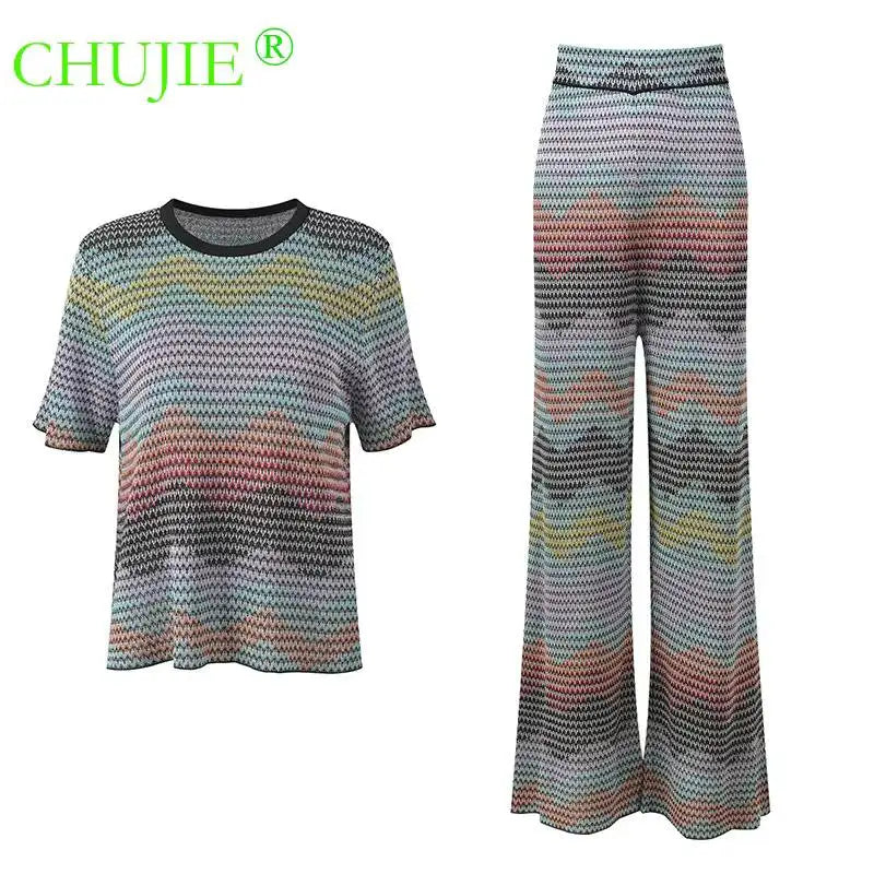 CHUJIE 2026 Summer New, Stylish And Versatile, Round Neck Colorful Contrast Striped, Short-sleeve Knitted Top + Trousers Set