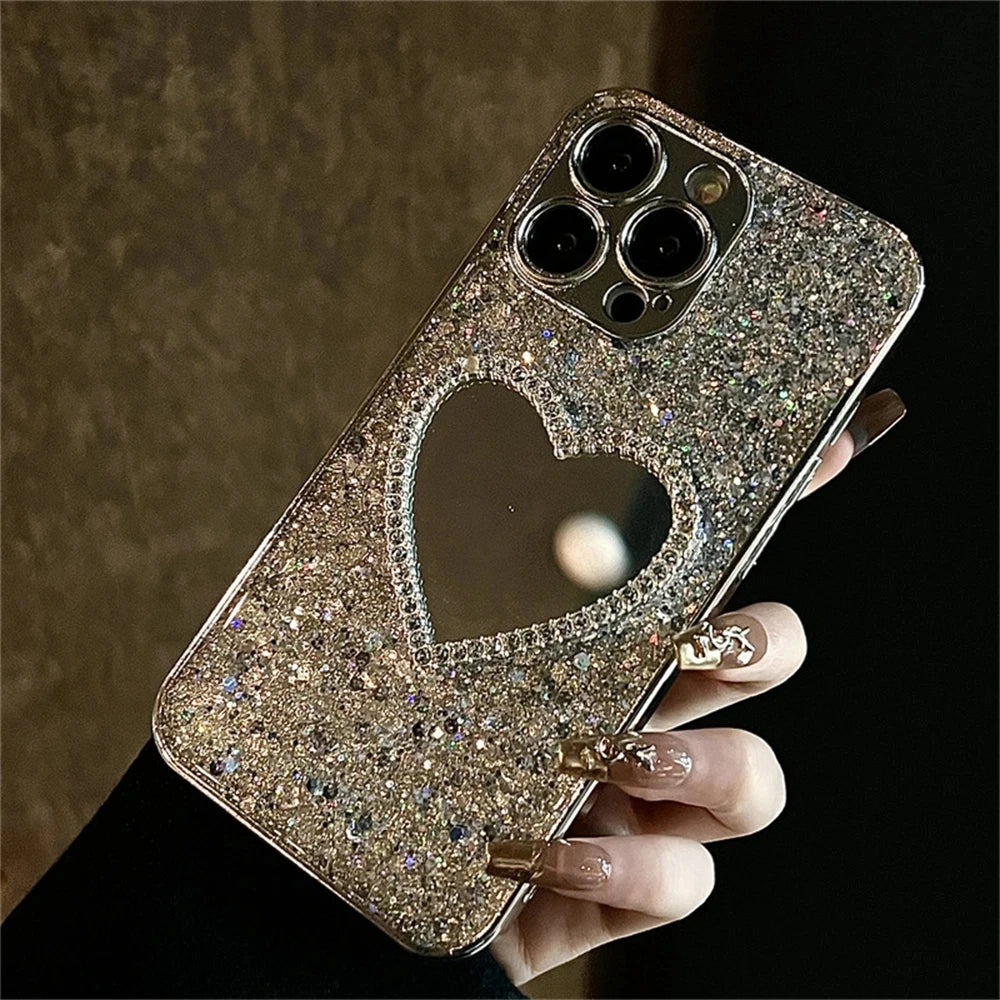 Luxury Bling Glitter Plating 3D Love Heart Mirror Sequins Phone Case
