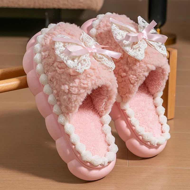 Winter Warm Fur Slippers For Women Thick-Soled Household Slippers Cute Bow Non Slip Soft Home Shoes Indoor Plush Women's Slipper