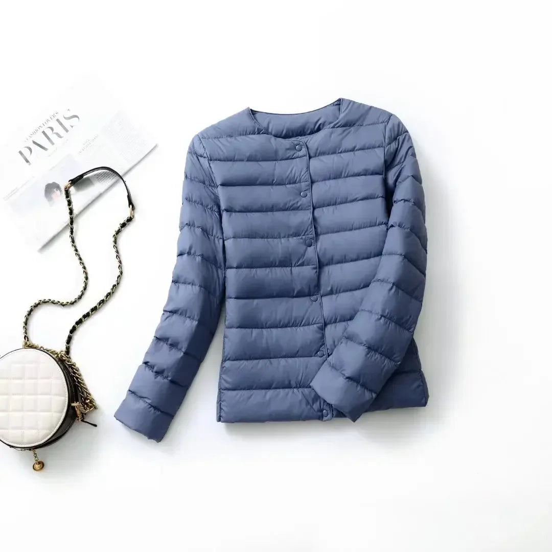 New Female Light Down Coat Women Liner Duck Down Jacket O-neck Variable V-neck 2024 Fall Collarless Light Quilted Puffer Coat