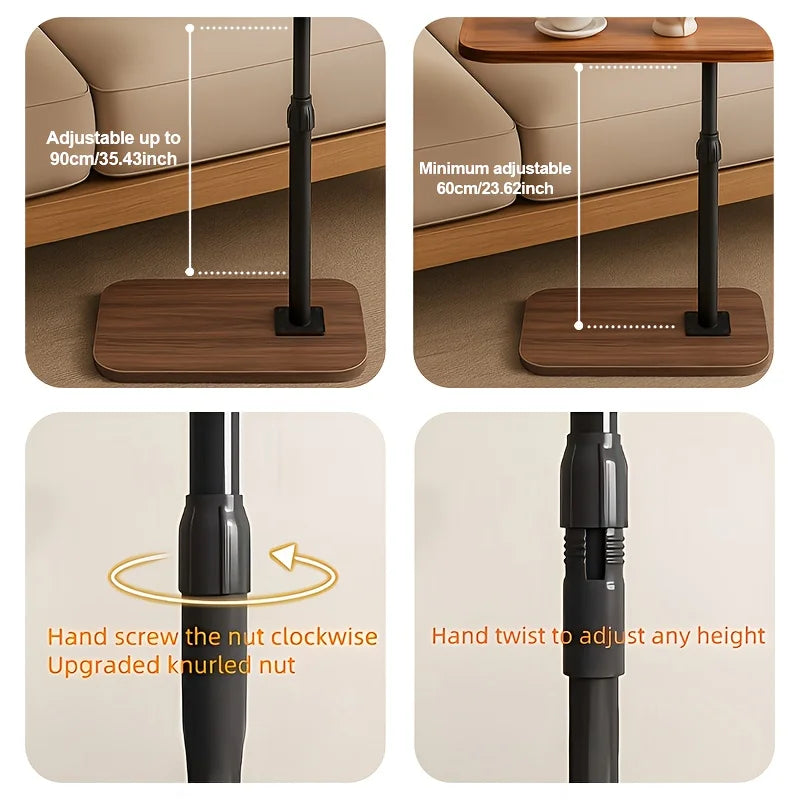 Adjustable Height Side Table, Wood Grain Sofa Couch End Table with Anti-Slip Groove Lip, Freestanding Height Adjustable Laptop Snack Table, Carbon Steel Frame Side Desk for Bedroom Living Room Small Space