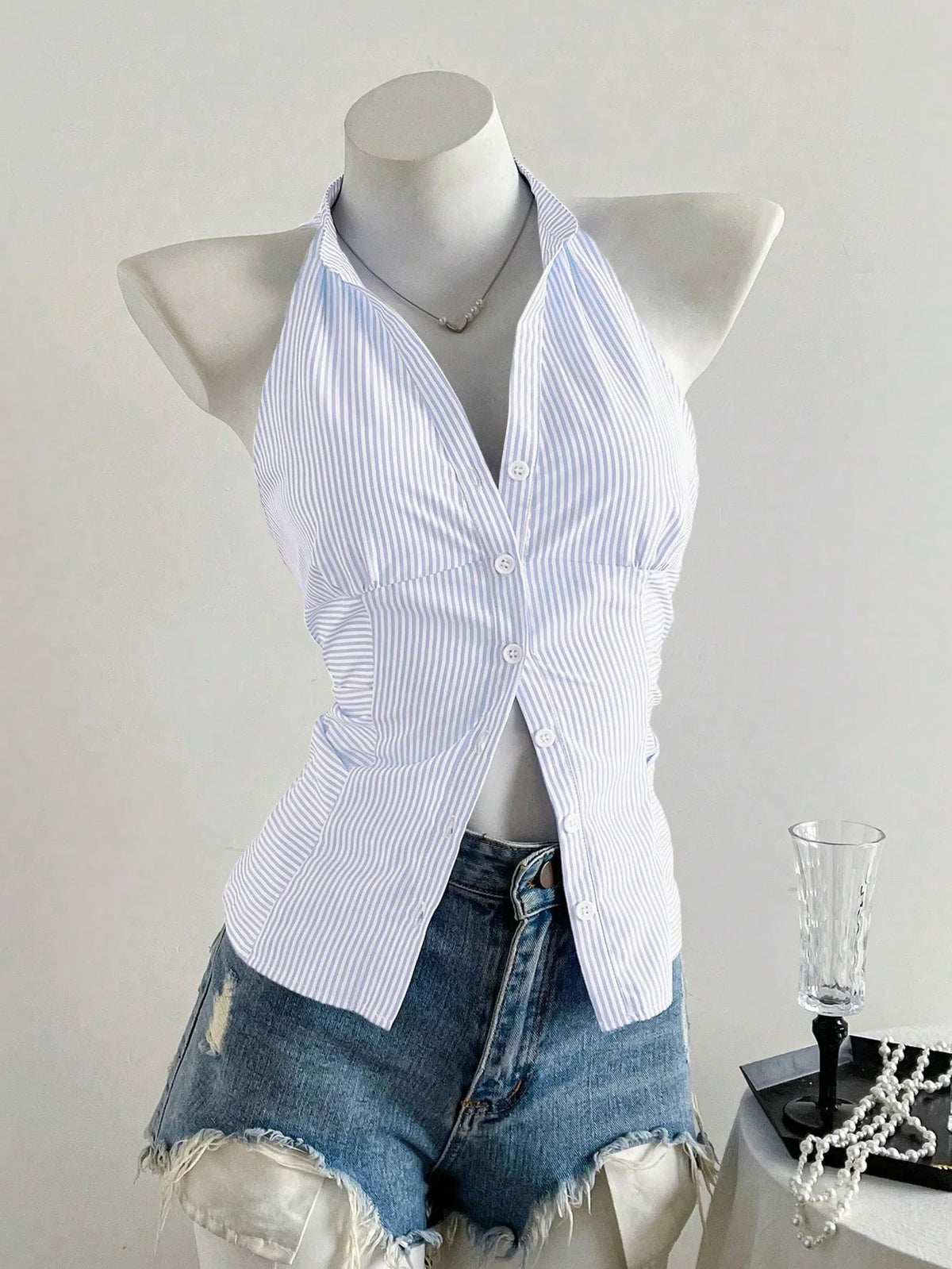 Summer Casual Shirt Women's Blue Striped Halter Top V Neck Button Down Sleeveless Slim Fit Blouse 2026 Y2K Style Streetwear