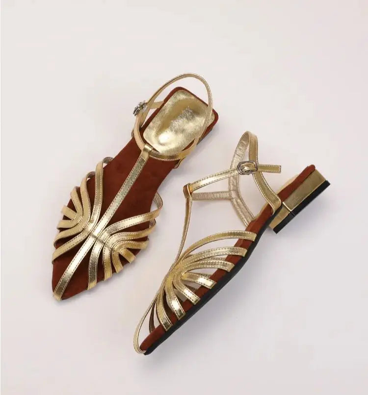 ZAROY Women Roman Sandals Summer Low Heel Ankle Strap Buckle Sandals Pointed Toe Hollowed Out T-strap Sandalias сандали