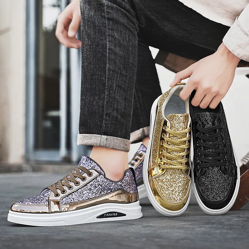 Mens Shoes Nightclubs Fashiona Sequins With Diamonds Golden Sneakers Trendy Low Top Sports Casual Shoes Large Size 39-46