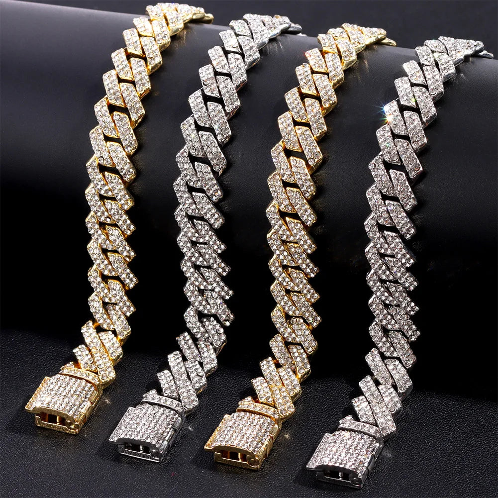 14mm Iced Out Prong Cuban Link Chain Necklace for 2 Row Rhinestone
