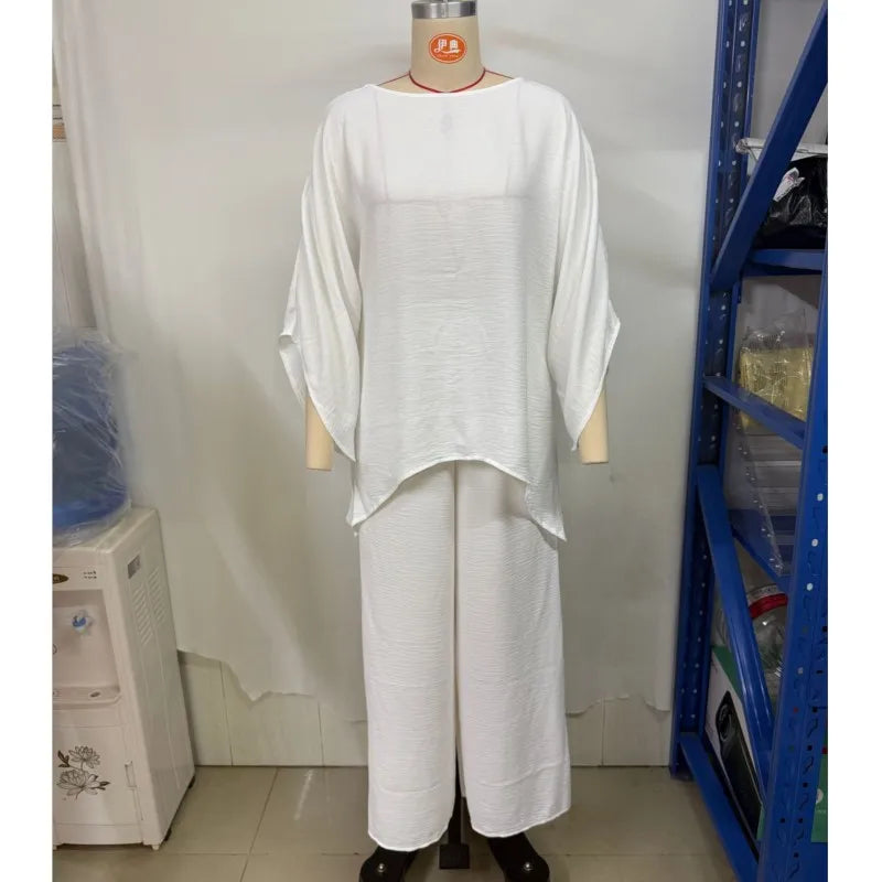 Women's Elegant Loose Round Neck Top Wide Leg Pants Set Casual Simple Long Sleeve Solid Color Two-Piece Set
