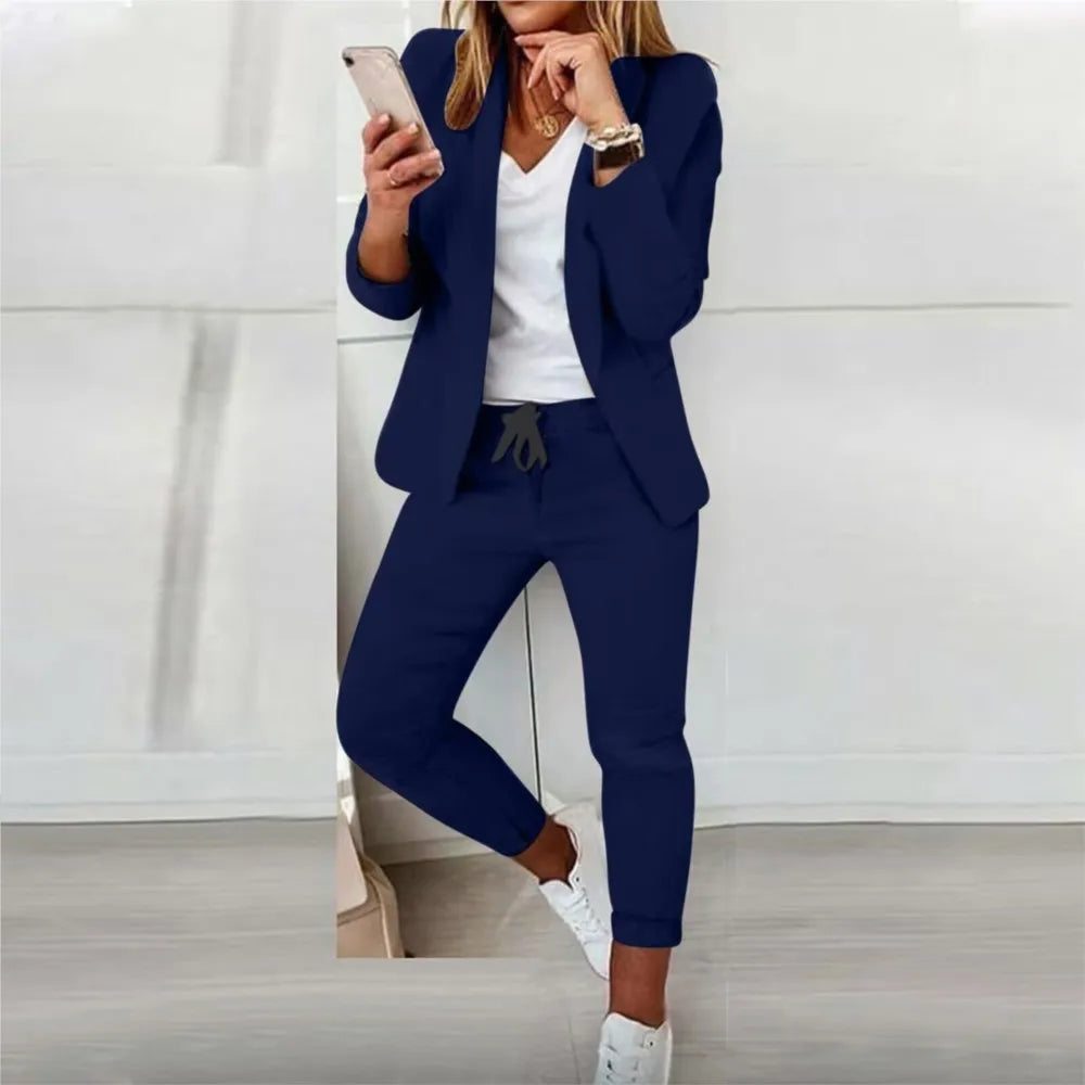 2 Piece Women's Autumn Winter Suit Fashion Slim Fit Lace-up Small Feet Trousers Women's Office Casual Solid Color Suit 2024