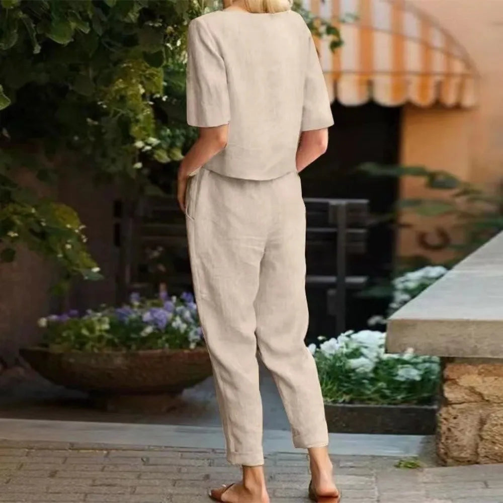 Half-sleeved Women's Cotton Linen Suit Elastic Waist Wide-leg Two-piece Set Round Neck Comfortable Summer Matching Suit