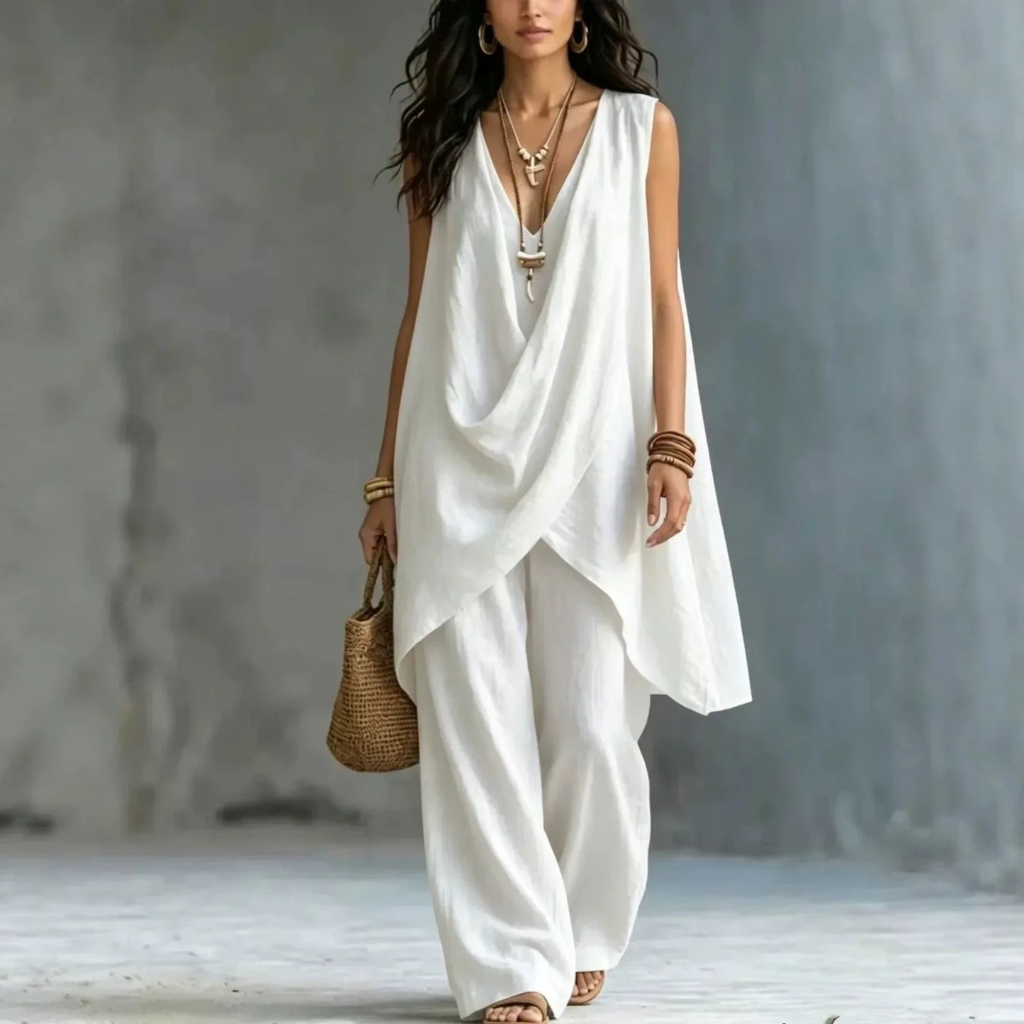 2026 Summer Linen Cotton Sleeveless Stand Collar Set Women Casual Loose Fit Solid Wide Leg Pants Vacation Outfit