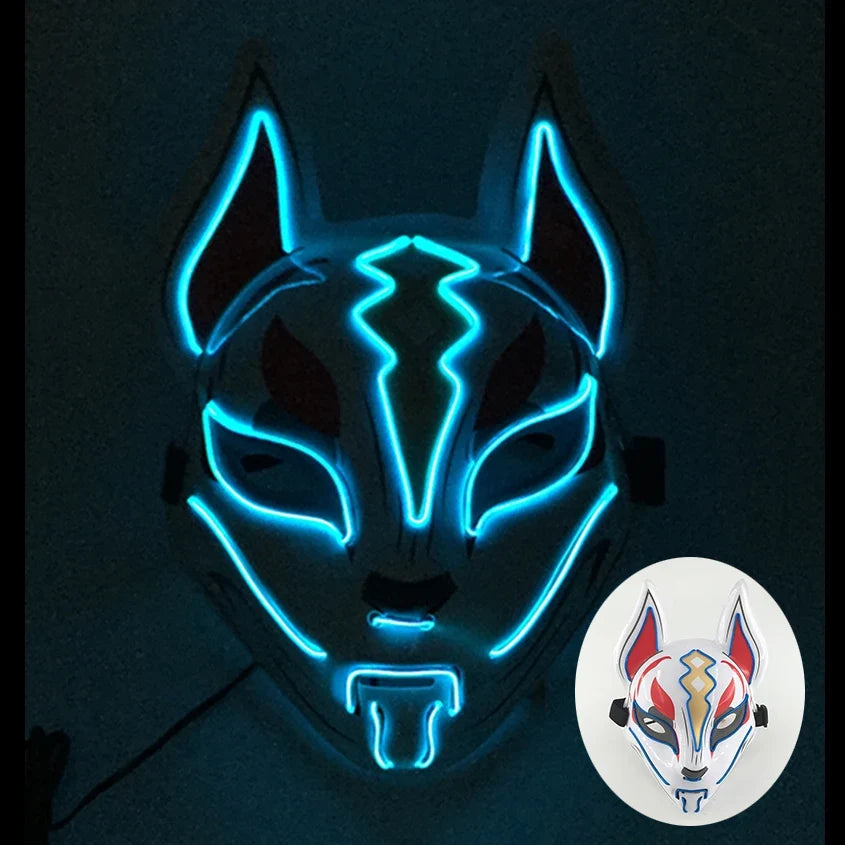 LED Fox Mask Neon Light Up Japanese Kitsune Mask for Halloween Cosplay Party Rave Festival Costume Glowing EL Wire Masque