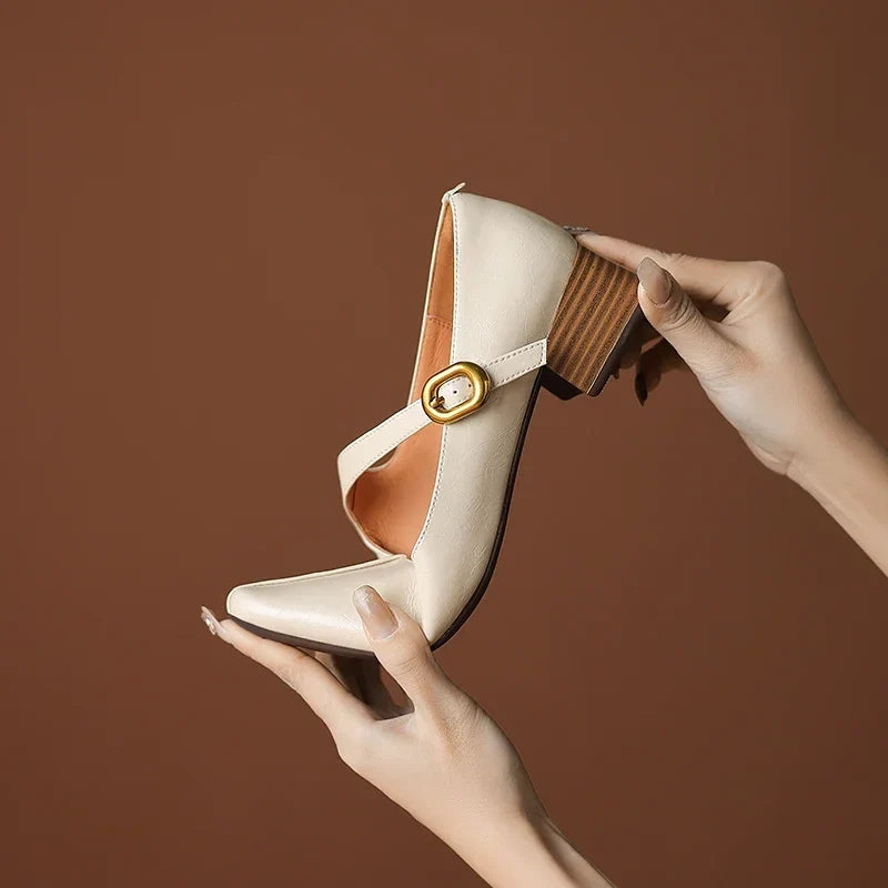 2026 New Spring Women Pumps Square Toe Chunky Heel Genuine Leather Women Shoes Shallow Metal Buckle Strap Mary Janes Ladies