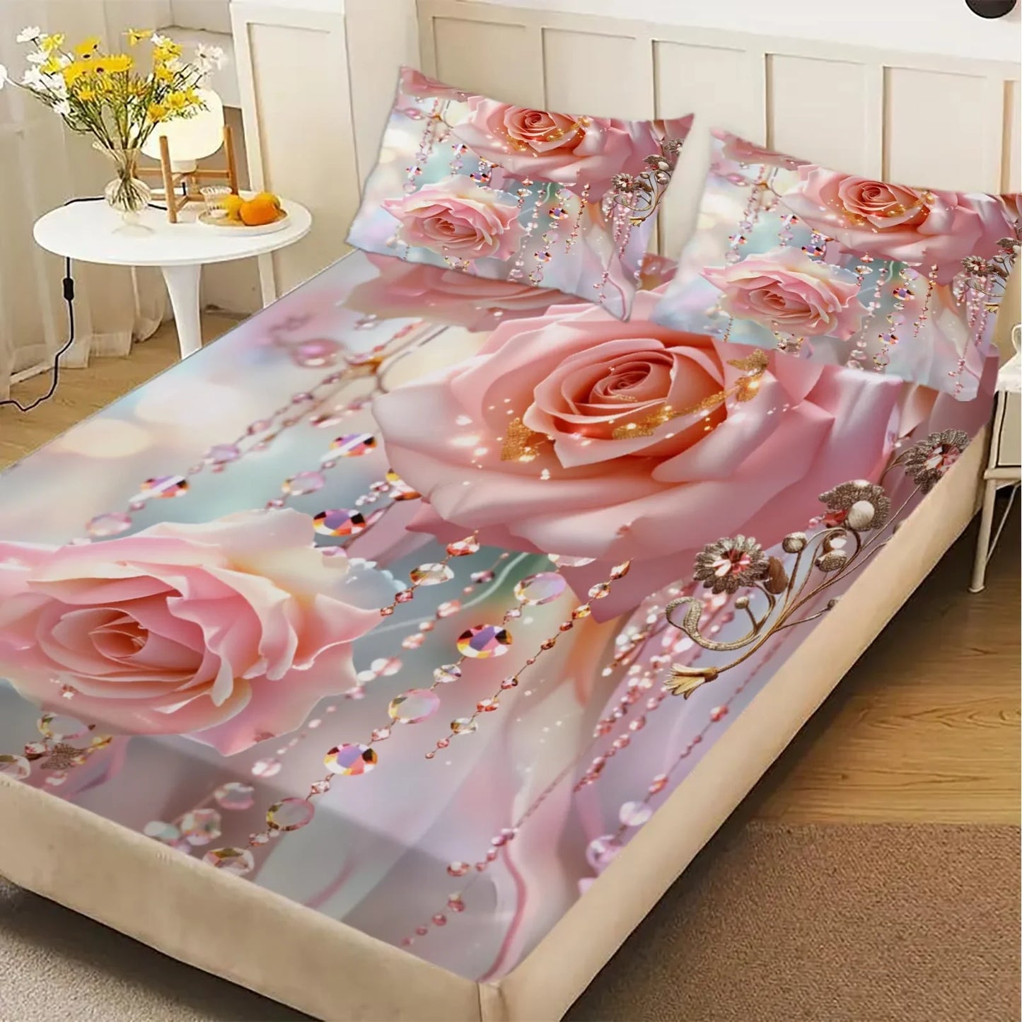 1pc 3D Pink Roses with Crystal Bead Print Fitted Sheet Deep Pocket