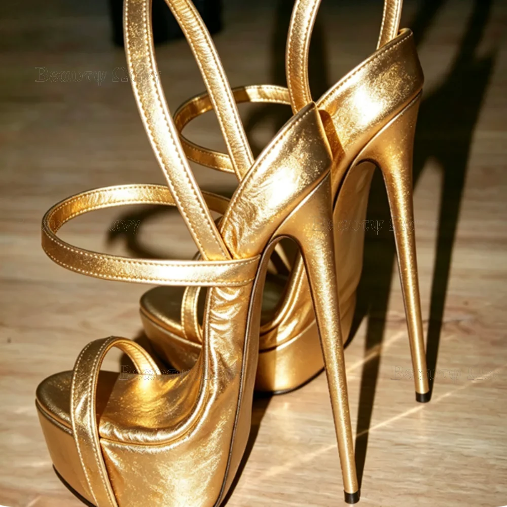 Gold Solid Platform Round Toe Shoes Cut Heel Sandals Women Shoes Ankle Band Spike High Heel Shoes for Girls Zapatos Para Hombres