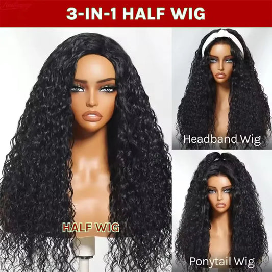 Peluca de media cabeza rizada de 16 pulgadas de cabello humano 3 en 1, media peluca sin costuras con volteo de cabello humano, peluca de cola de caballo de cabello humano ondulado con cordón, densidad 200