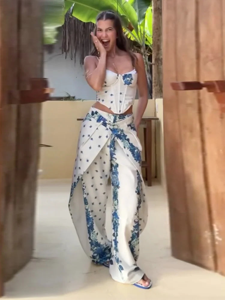 Urban Print Top Pants Women Set Sling Backless Slash Neck Blouse Wide Leg Trousers 2026 Spring Summer Holidays Lady Outfit
