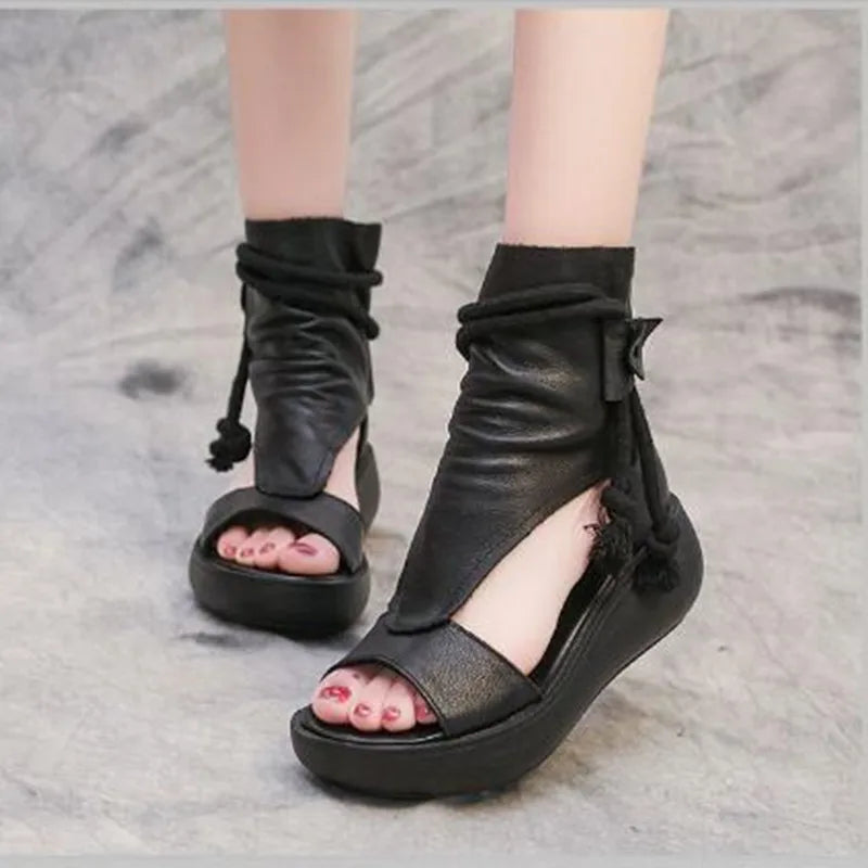 GKTINOO 2026 New Summer Black Women Leather Sandals Cool Boots Platform Shoes Wedges Sandals Women Shoes Fashion Outdoor Sandals