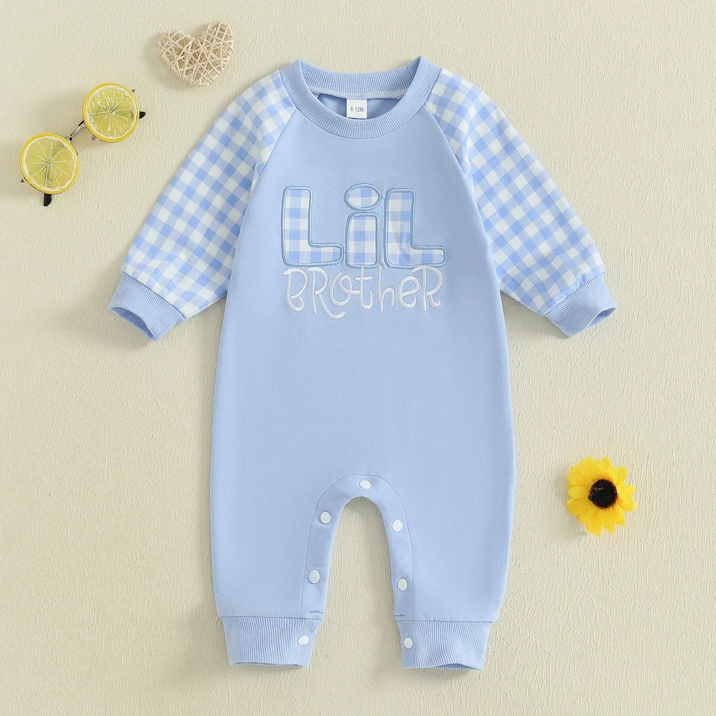 Baby Toddler Boy Lil Brother Fall Romper Plaid Print Letter Embroidery Long Sleeve Round Neck Full Length Jumpsuit