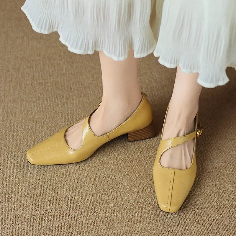 2026 New Spring Women Pumps Square Toe Chunky Heel Genuine Leather Women Shoes Shallow Metal Buckle Strap Mary Janes Ladies