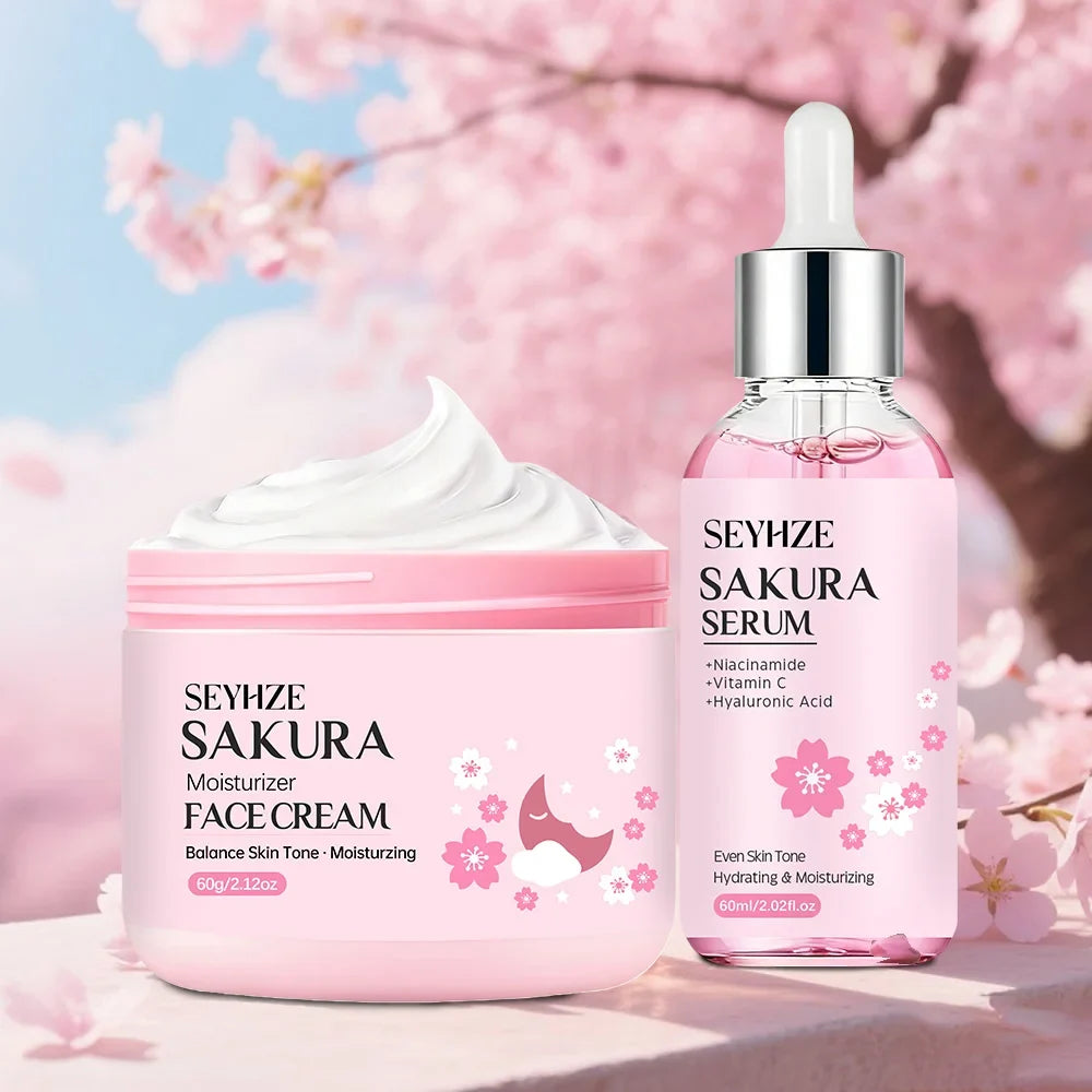 SEYHZE Sakura Collagen Essence + Moisturizing Cream Facial Care Set - 2pcs Packed with Collagen Peptides Vitamin C/E Aloe Niacin