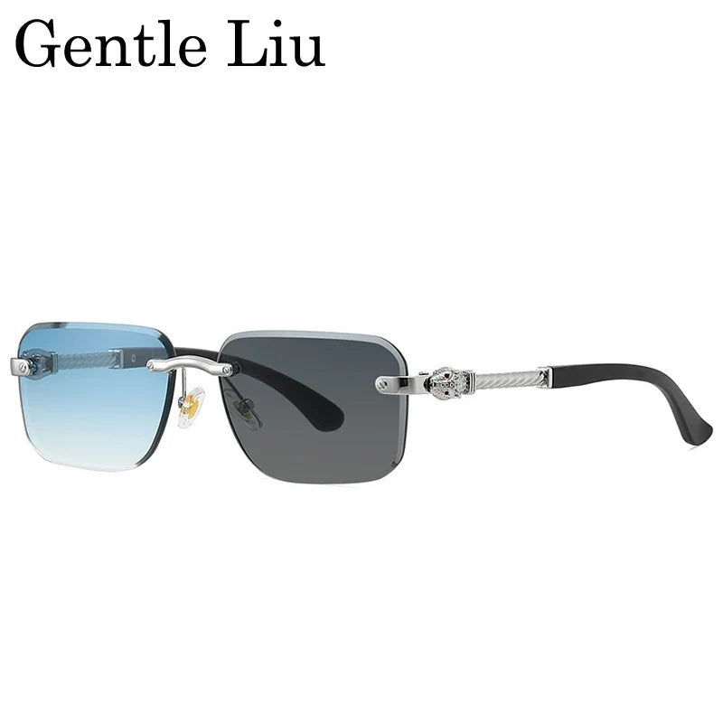 Vintage Rimless Photochromic Sunglasses Men 2026 Luxury Designer Square Frameless Leopard Head Sun Glasses Driving Eyewear Shade