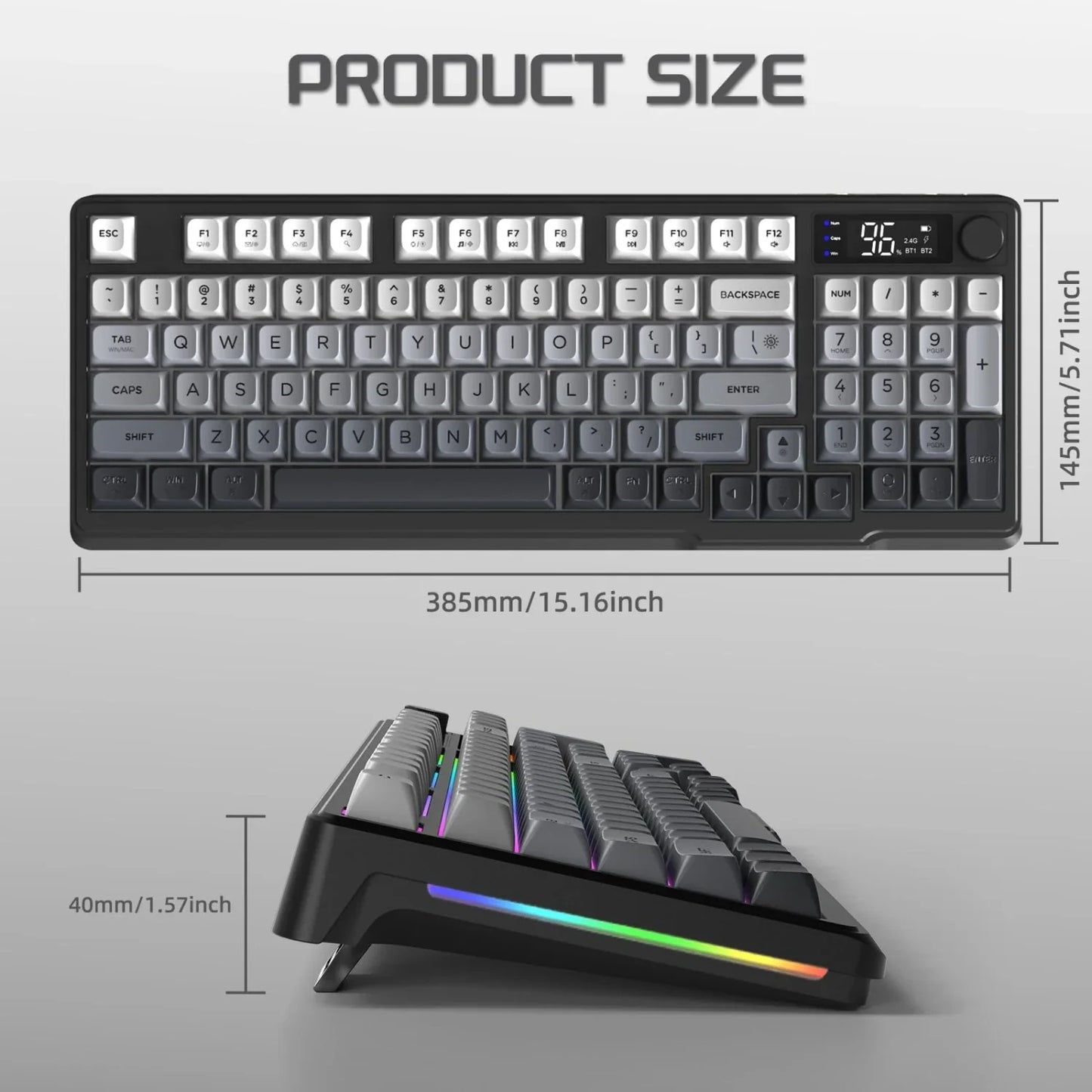 M96 Wireless Keyboard and Mouse Set, Bluetooth&2.4G, Smart Screen, 96 Keys, RGB, Silent Keyboard Mouse Combo