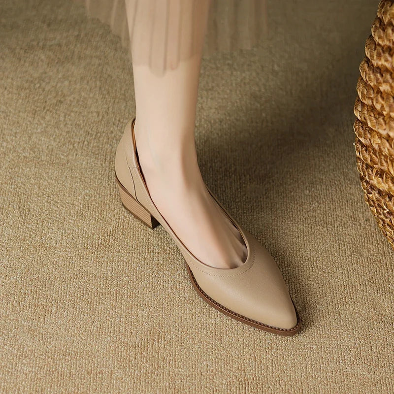 2026 New Spring Women Pumps Shallow Genuine Leather Med Heels Pointed Toe Summer Women Shoes Lady Shoes Leather Shoes
