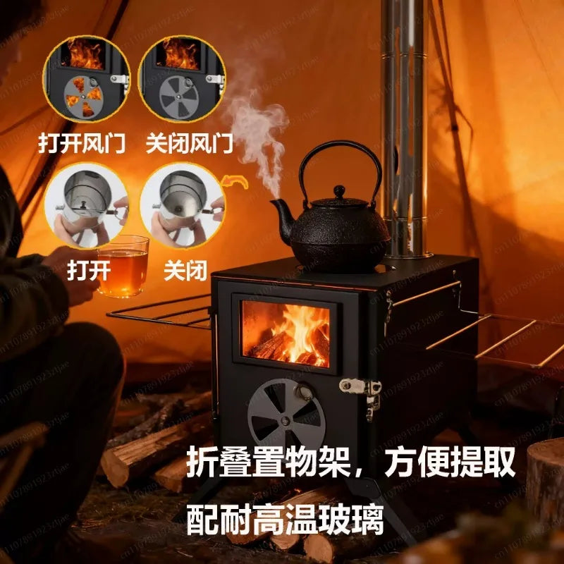 Portable Carbon Steel Camping Tent Stove – Multifunctional Foldable Wood Burner for Heating & Outdoor Cooking