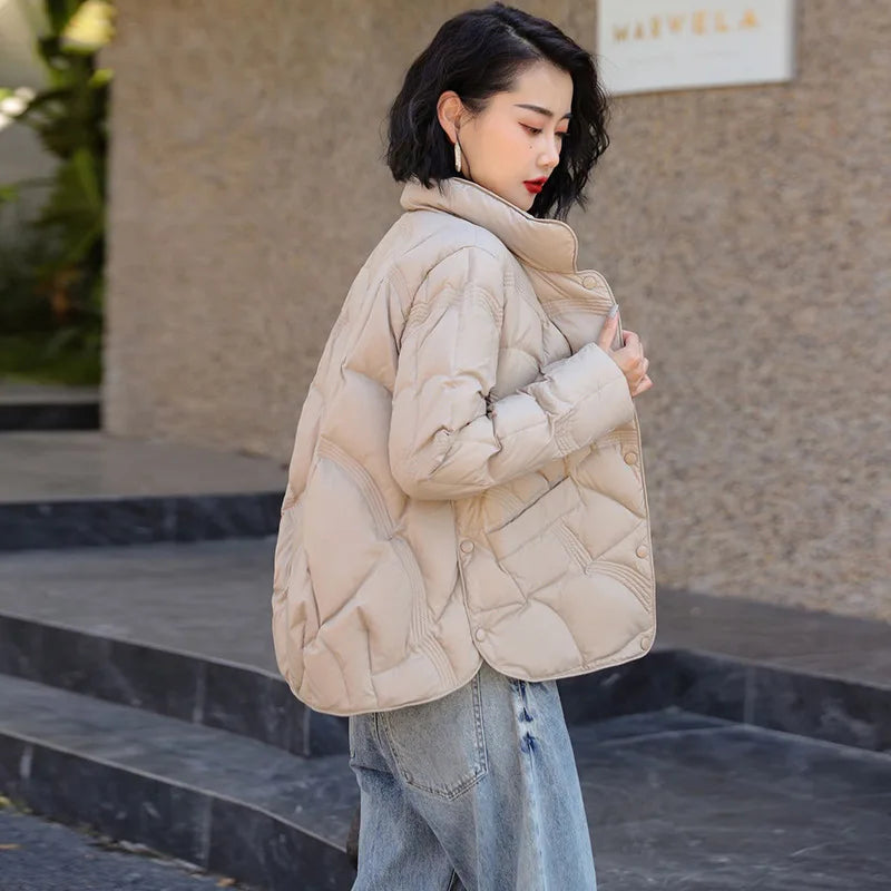 Women's Winter Short Down Jacket Stand Collar Plaid Solid White Duck Down Coat Lady Puffer Jackets  max mara пуховик JK-229