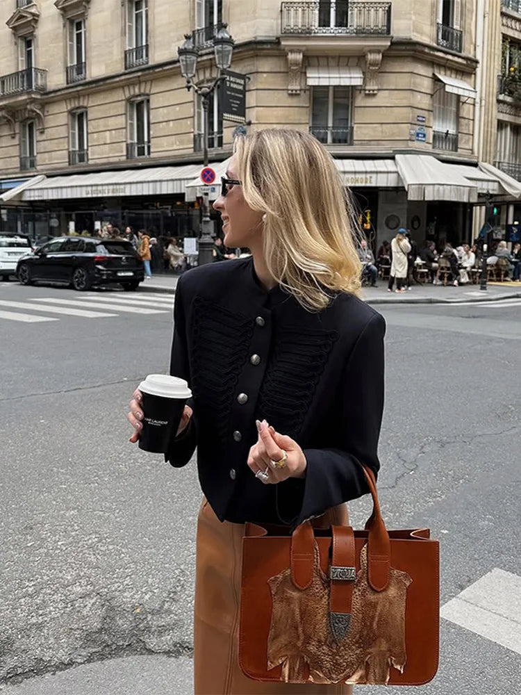 Chic Women's Cropped Jacket Stand Collar Single Breasted Long Sleeve Female Coat 2026 Spring Slim Fashion Solid Lady Outwear