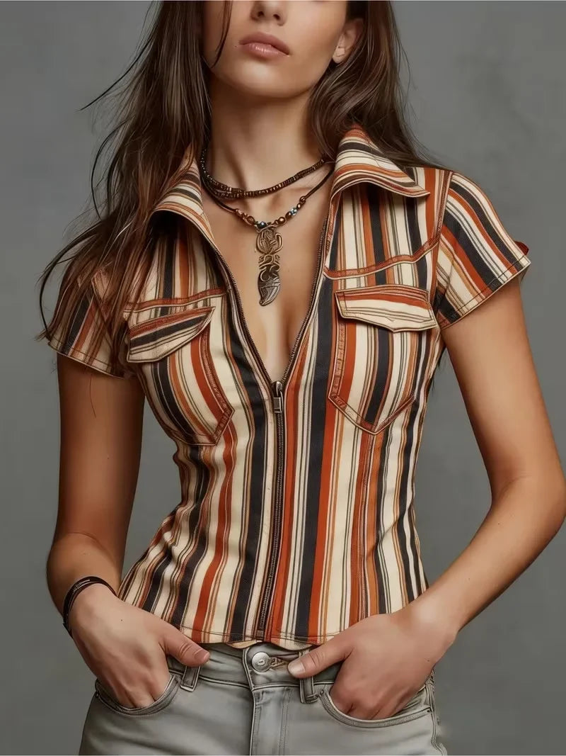 Fashionable Sexy Denim Stripe Print Short Sleeve Shirt for Young Ladies with Real Pockets Printed Design No Texture