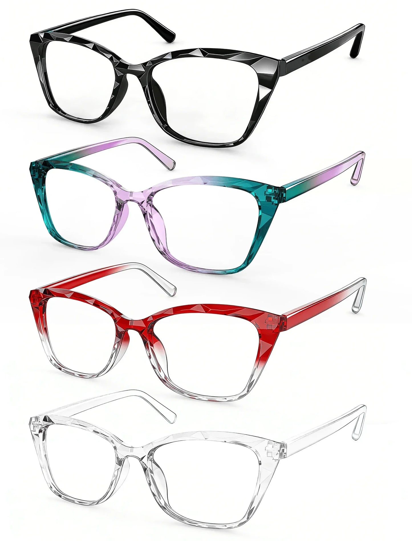 MODFANS Gradient Cat-Eye Polygonal Blue Light-Blocking Reading Glasses, Geometrically Cut Clear PC, for Women, +0.5 to +4.0.